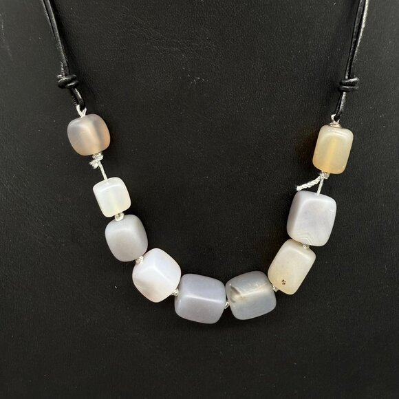 Handcrafted Natural Square Stone Beaded Black Leather Cord Choker Necklace - Picture 1 of 6